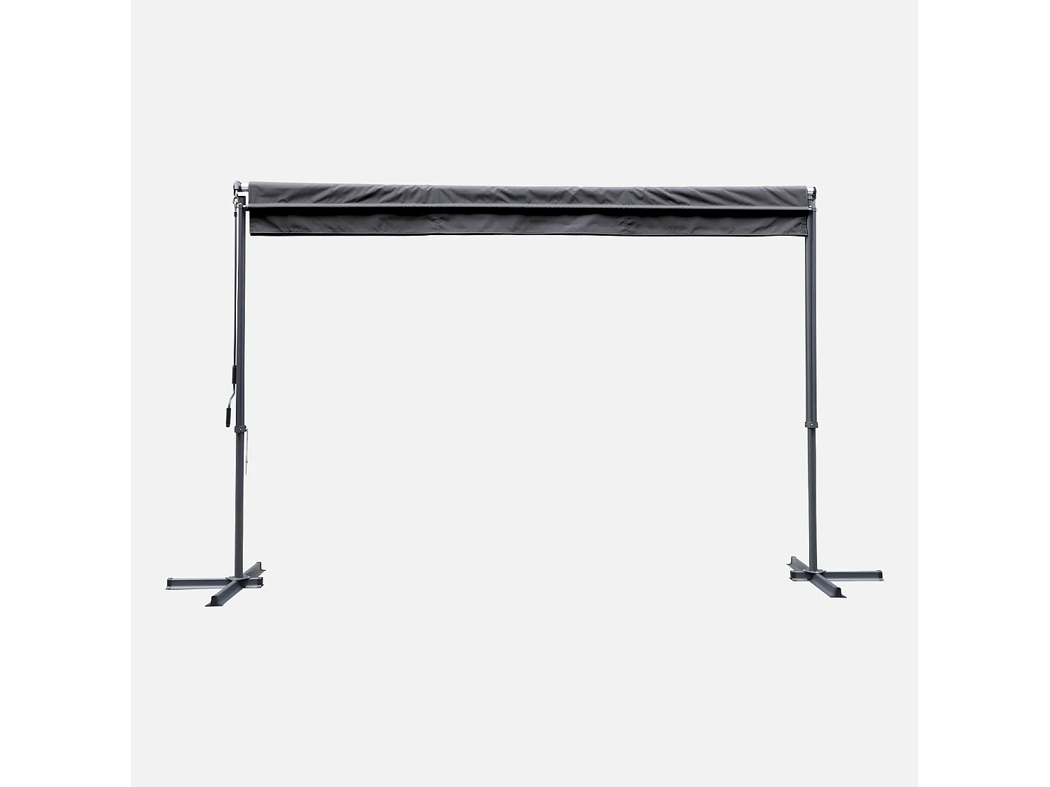 Store double pente - Penne 4x3m Gris - Système manuel à manivelle. auvent sur pieds. store de terrasse largeur 395cm. toile polyester enduite 280g.