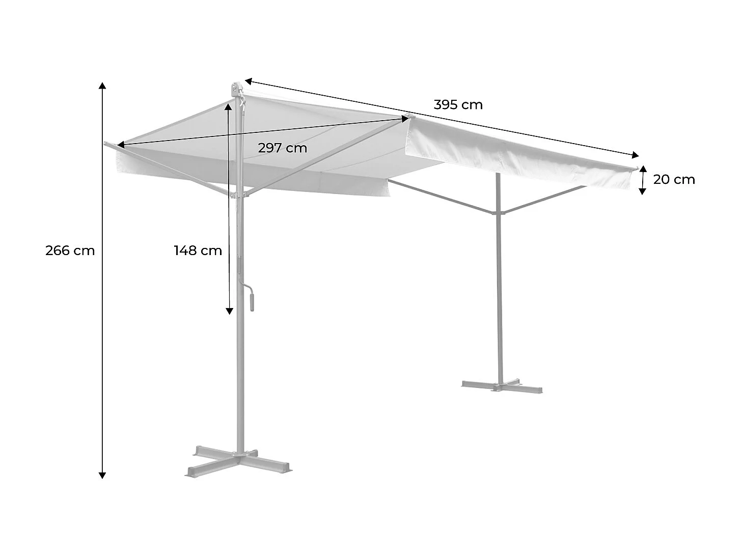 Store double pente - Penne 4x3m Gris - Système manuel à manivelle. auvent sur pieds. store de terrasse largeur 395cm. toile polyester enduite 280g.