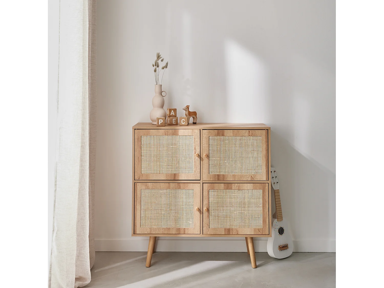 Commode enfant décor bois 4 portes en cannage