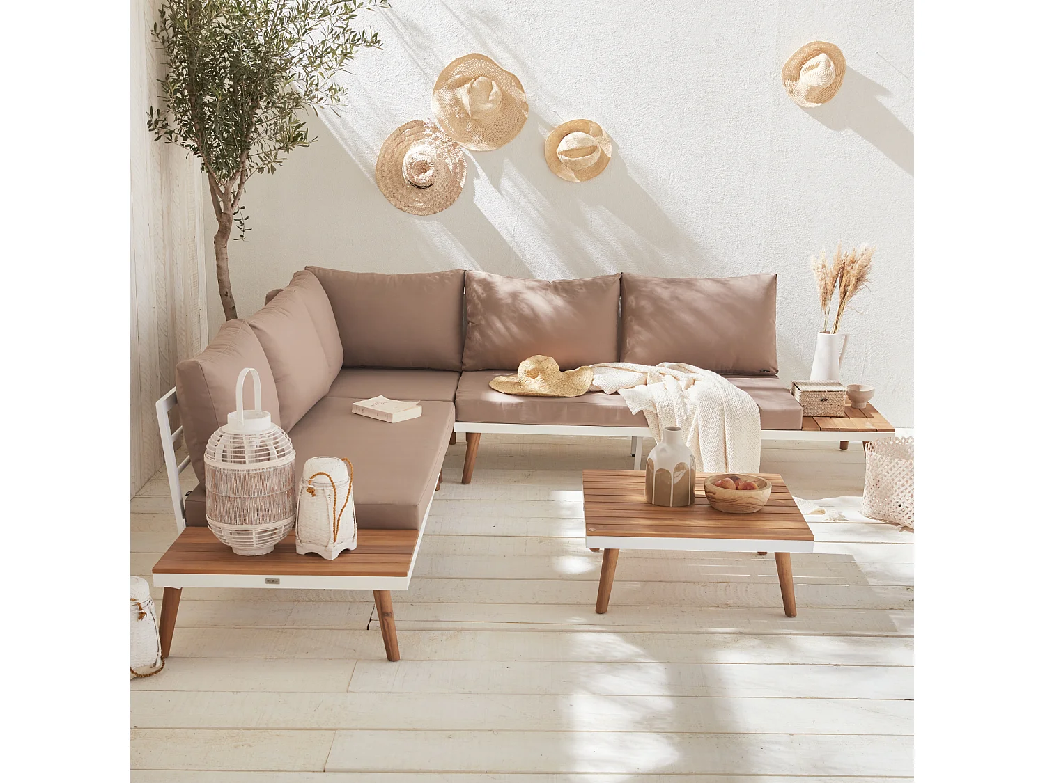 Salotto da giardino angolare in legno e alluminio, 5 posti, bianco