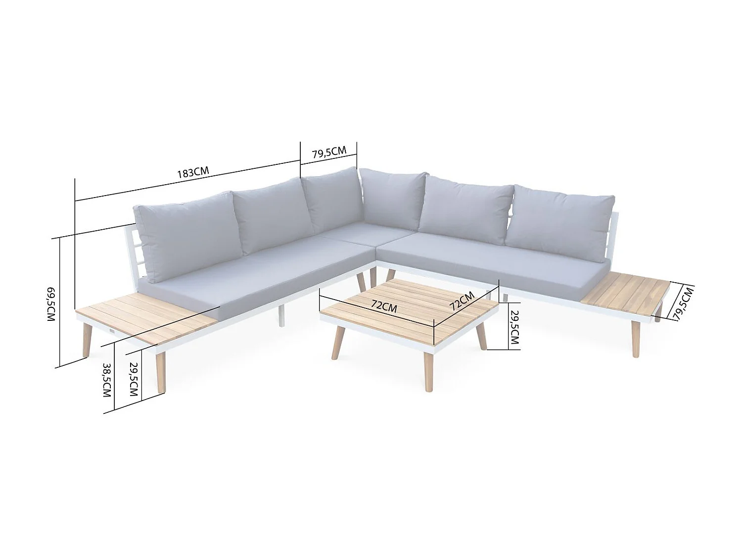 Salotto da giardino angolare in legno e alluminio, 5 posti, bianco