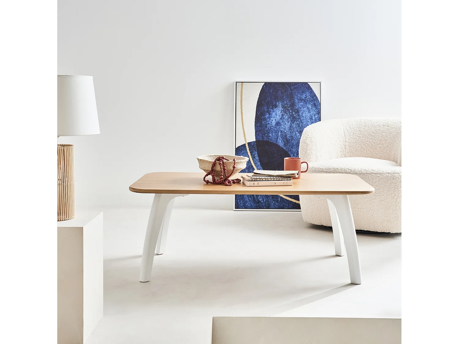 Tavolino rettangolare in mdf e impiallacciatura, bianco e naturale