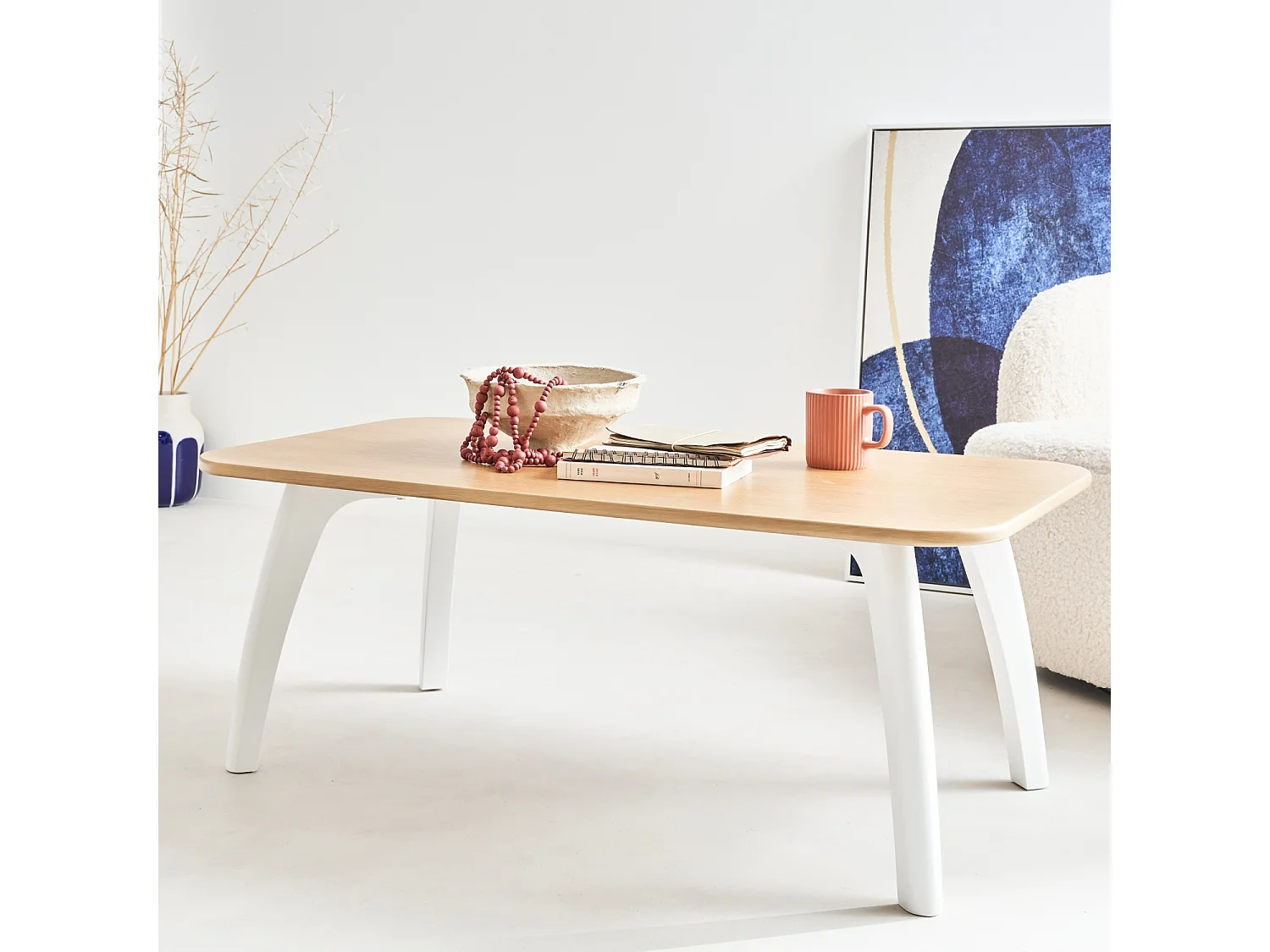 Tavolino rettangolare in mdf e impiallacciatura, bianco e naturale