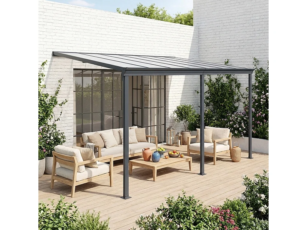 Pergola murale 3x4 m en aluminium et polycarbonate avec gouttière. pergola adossée. Avenio