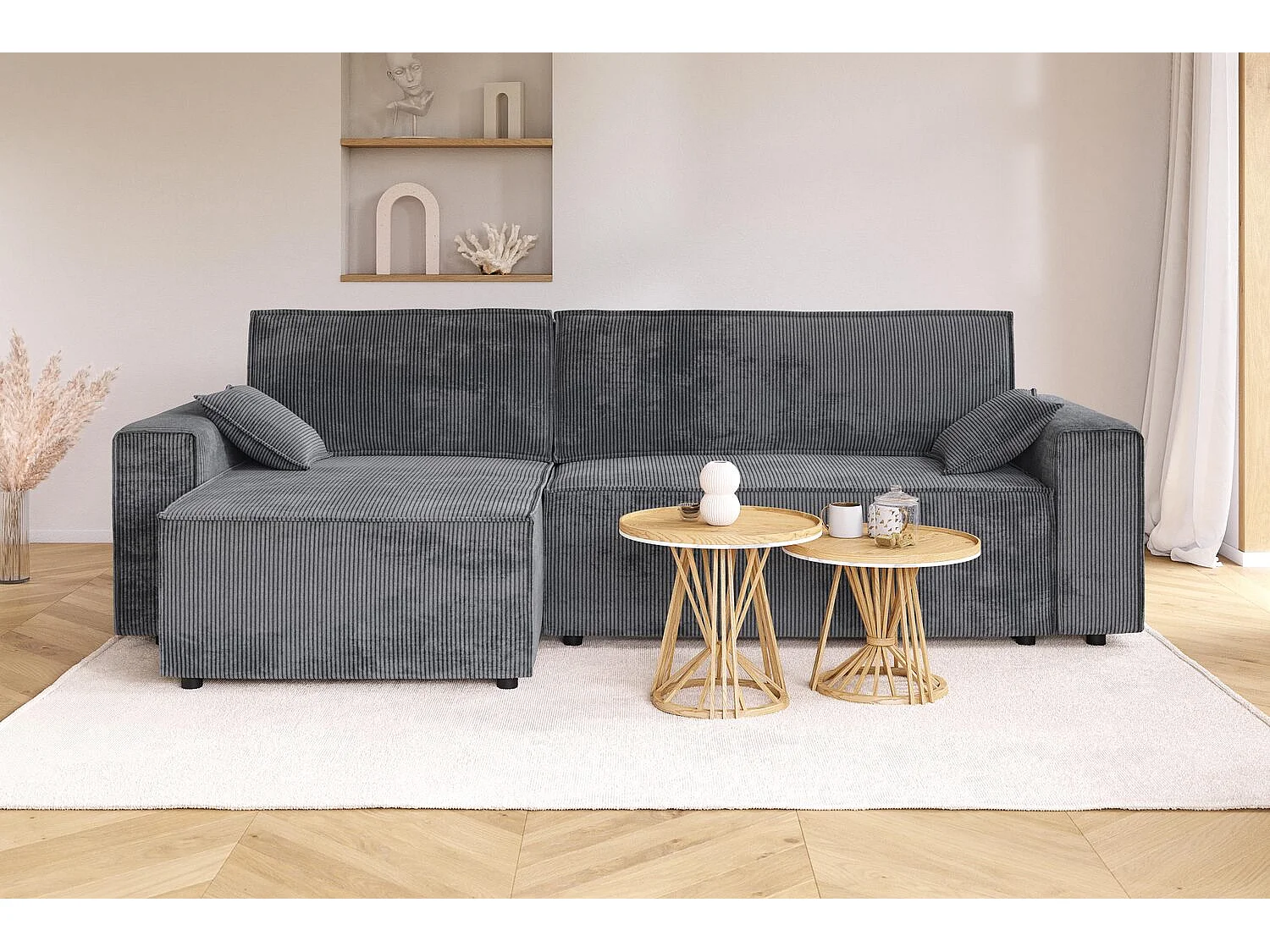 Canapé d'angle MARIUS convertible velours côtelé gris souris