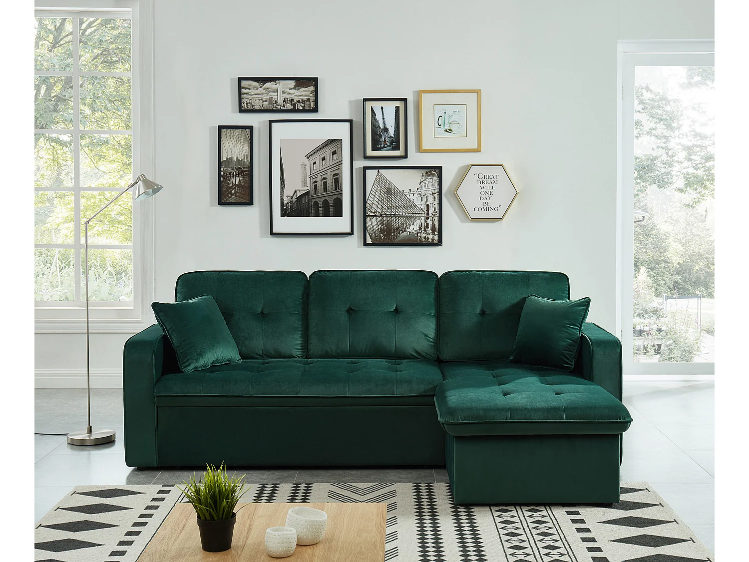 Canapé d'angle CANVAS en velours vert convertible avec coffre de rangement