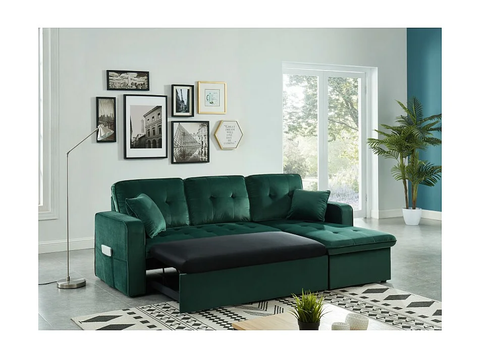 Canapé d'angle CANVAS en velours vert convertible avec coffre de rangement