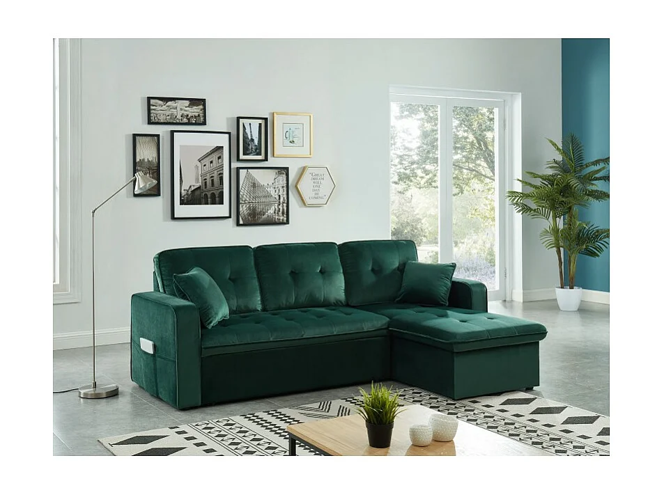 Canapé d'angle CANVAS en velours vert convertible avec coffre de rangement