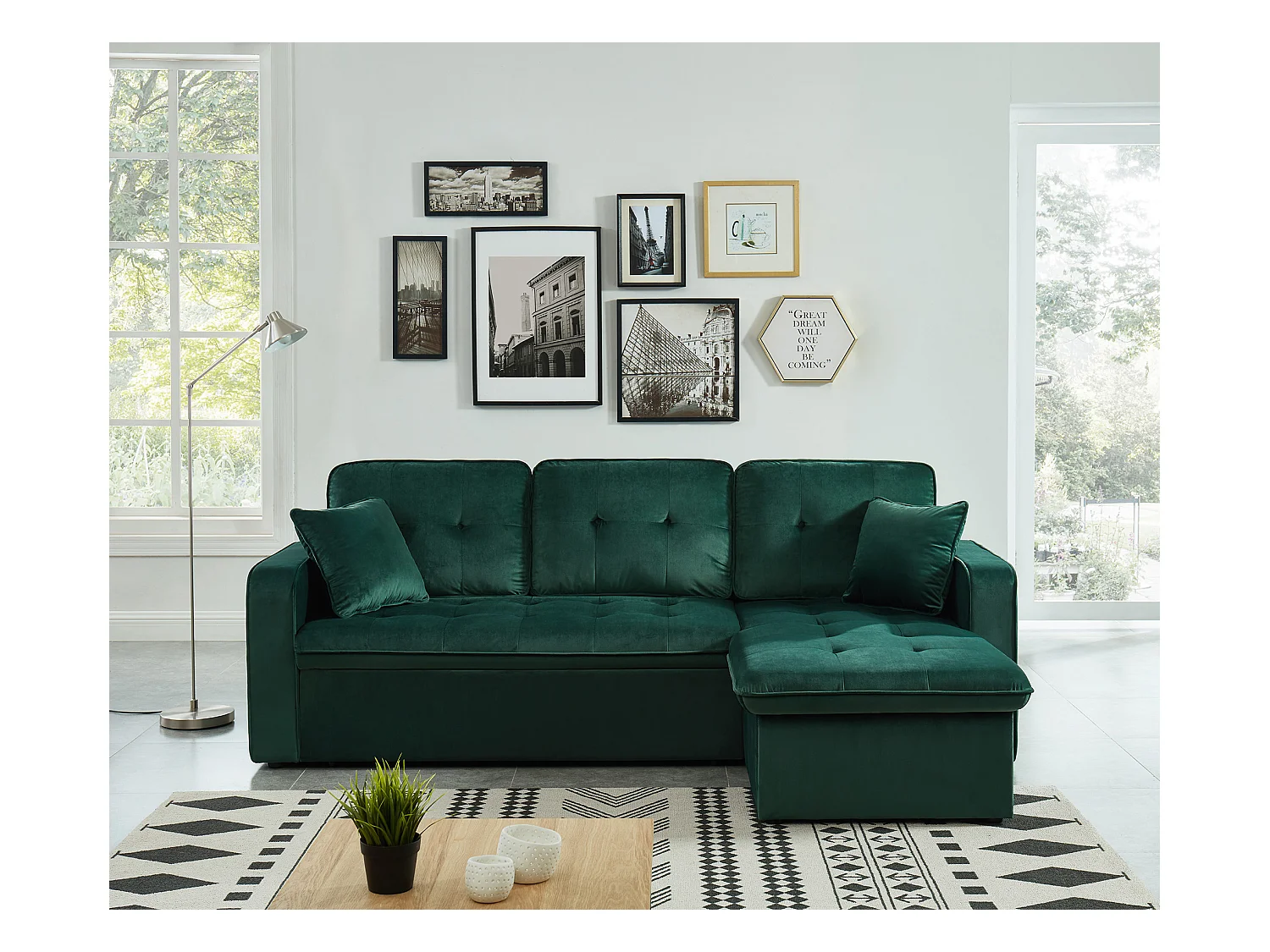 Canapé d'angle CANVAS en velours vert convertible avec coffre de rangement