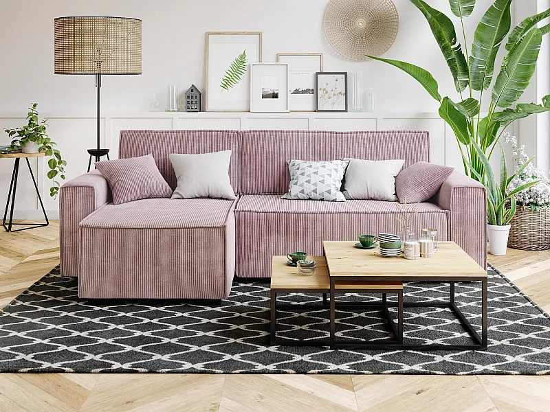 Canapé d'angle MIRA convertible et réversible velours côtelé mauve