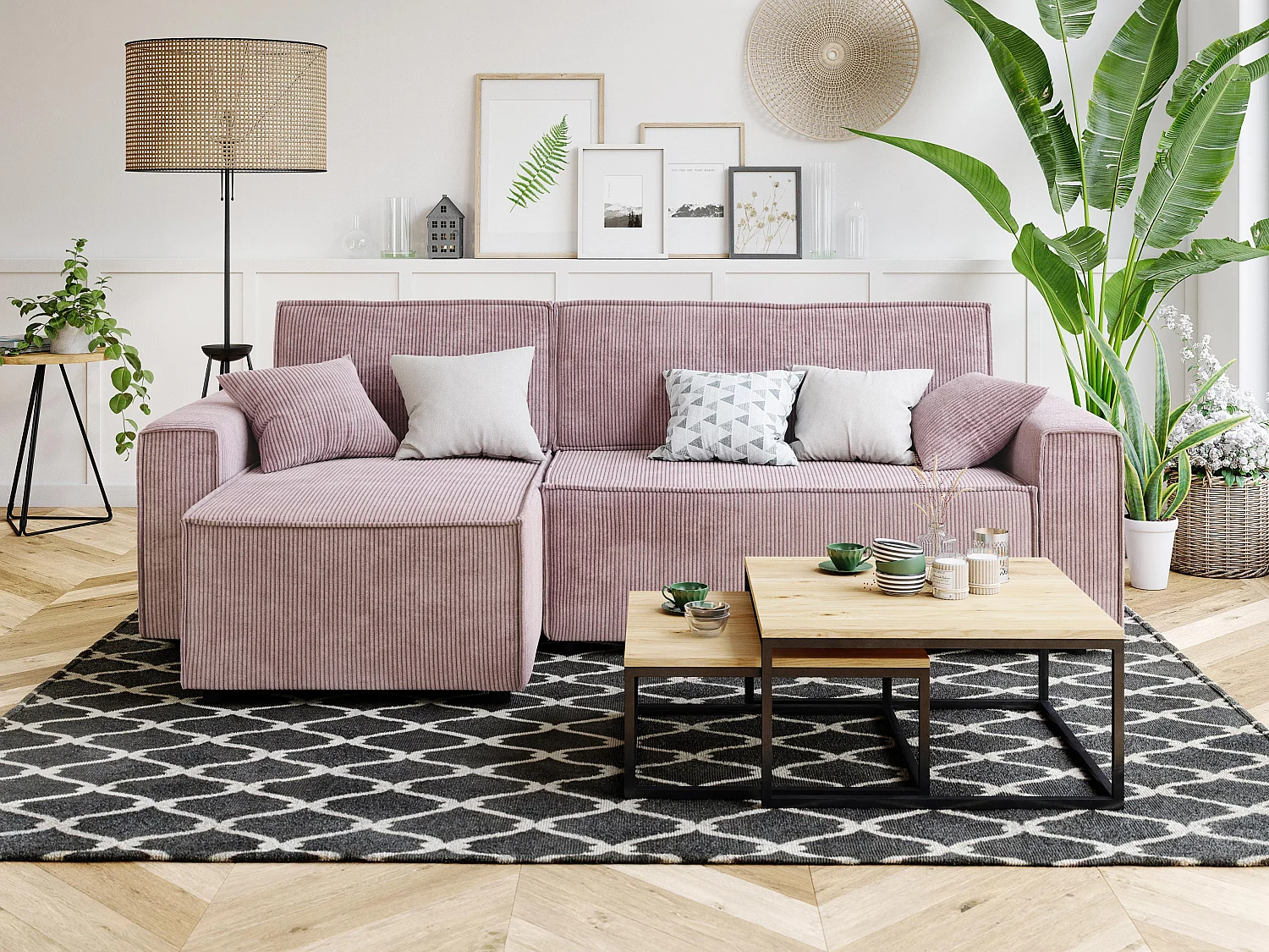 Canapé d'angle MIRA convertible et réversible velours côtelé mauve