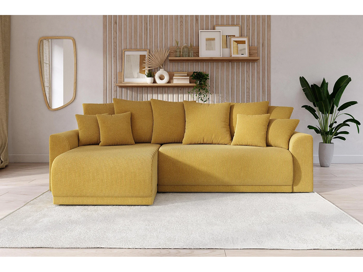 Canapé angle NOVA convertible velours côtelé jaune 4 places