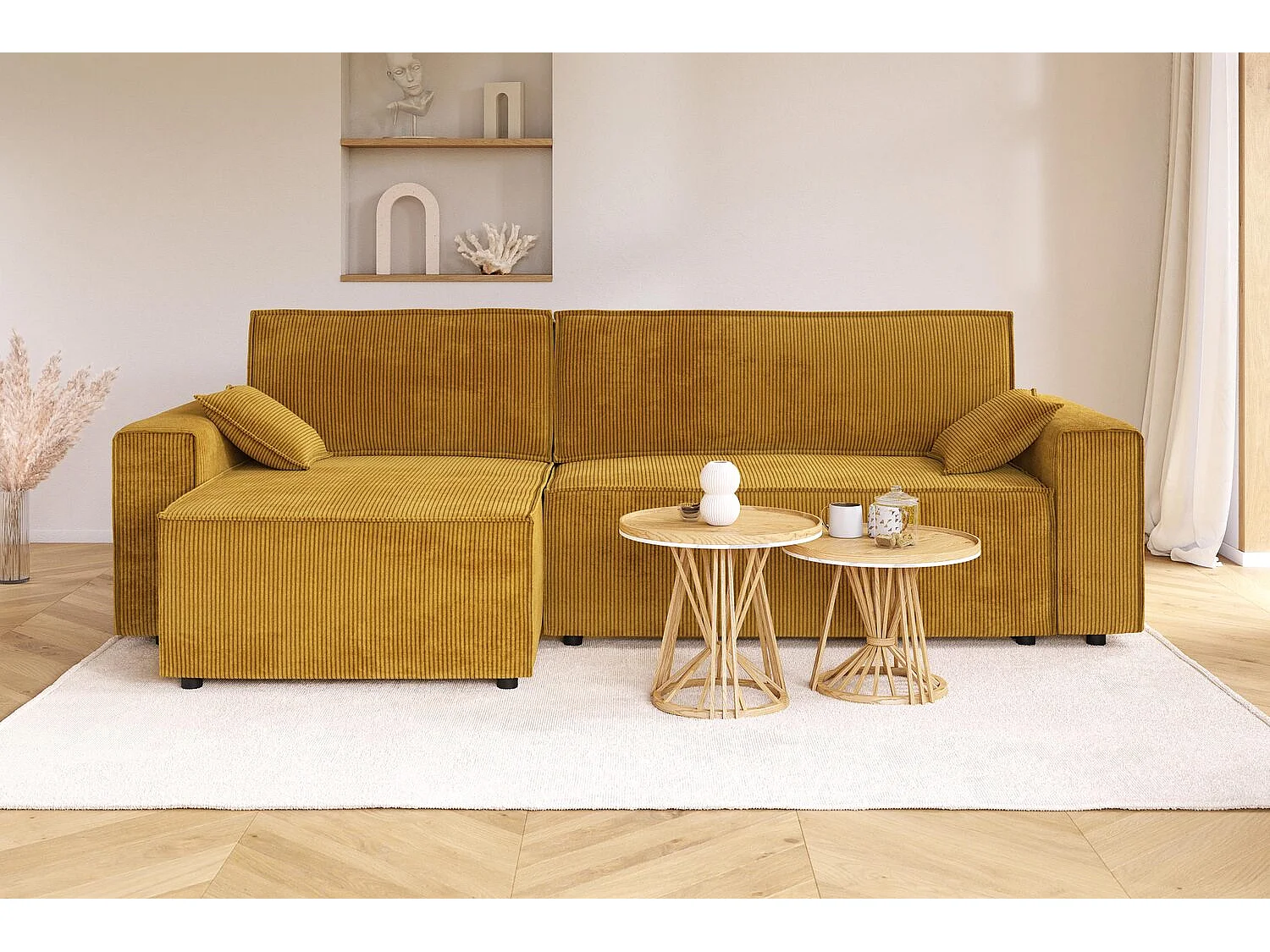 Canapé d'angle MARIUS convertible velours côtelé moutarde