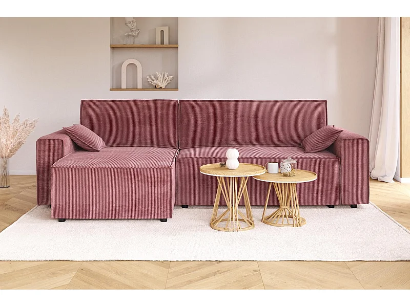 Canapé d'angle MARIUS convertible velours côtelé vieux rose