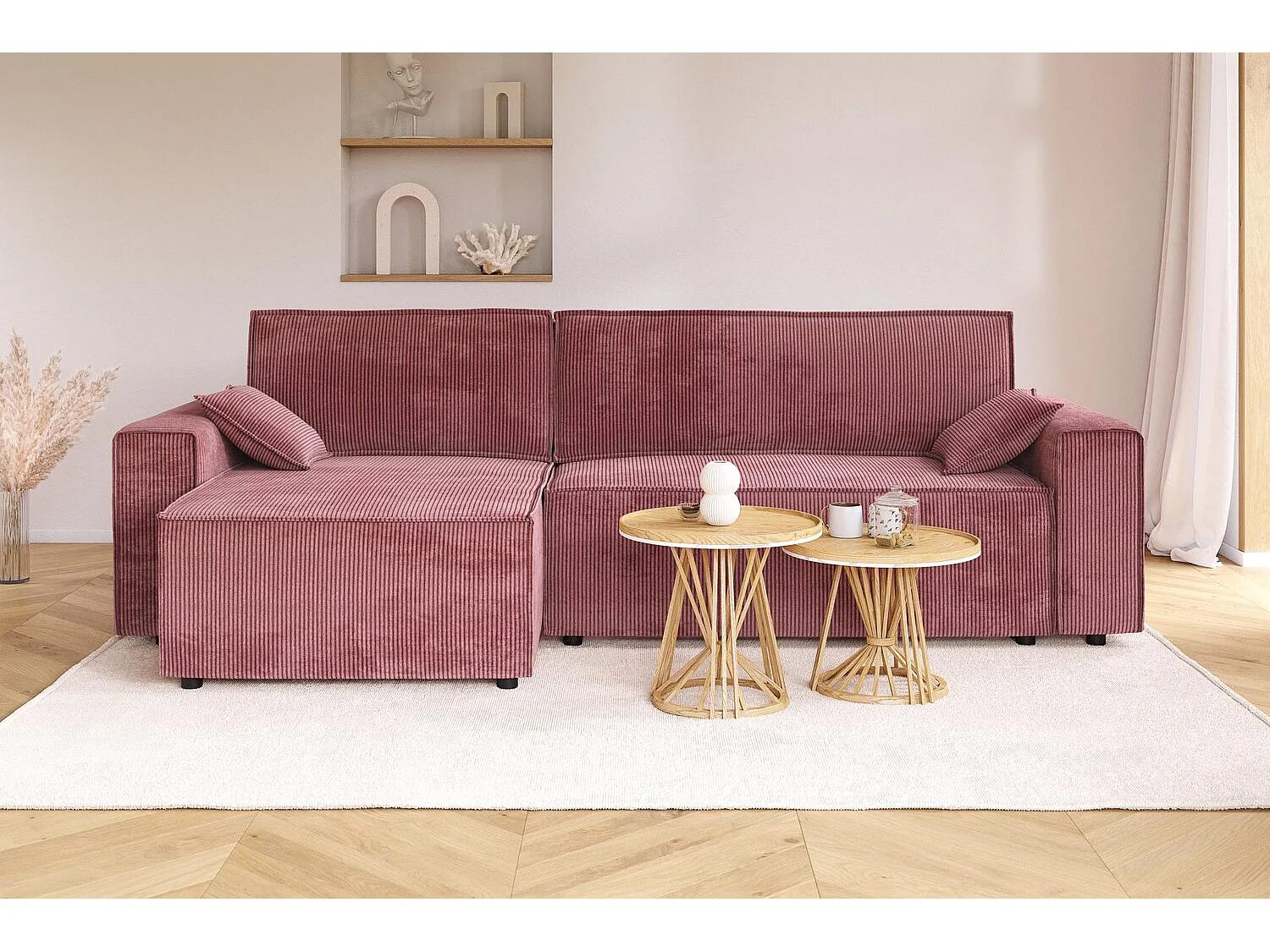 Canapé d'angle MARIUS convertible velours côtelé vieux rose