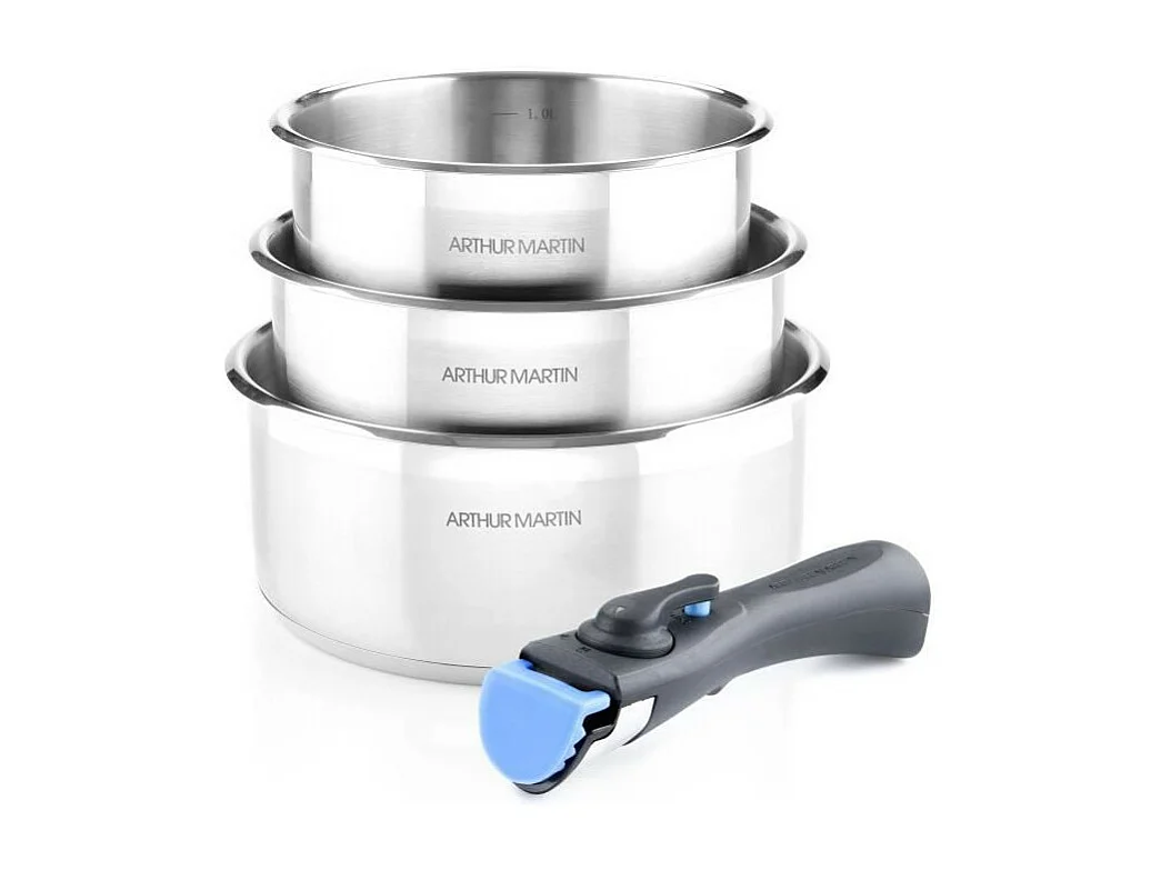 Set de 3 casseroles 16-18-20 cm Arthur Martin AM3710 - Acier Inoxydable - Poignée amovible - Tous feux dont induction