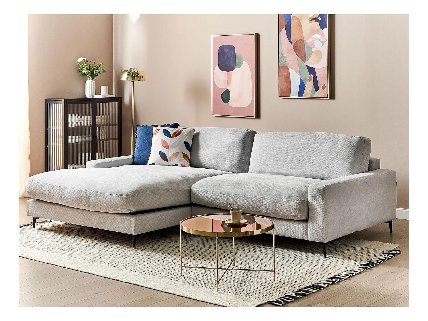 Canapé 3 Places d'Angle à gauche avec Taies Lavables et Chaise Longue en Tissu Chenille Gris Clair Maloy