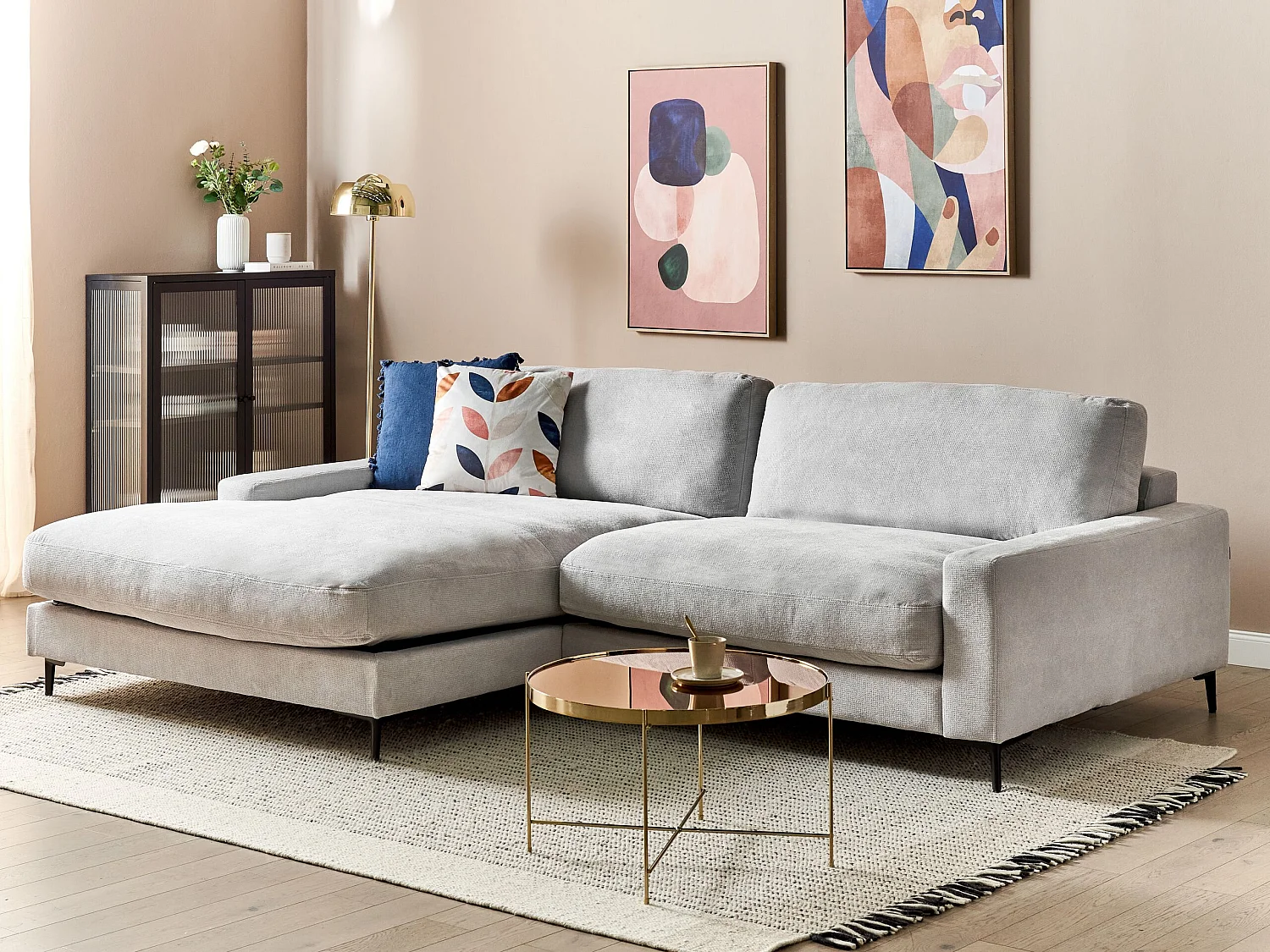 Canapé 3 Places d'Angle à gauche avec Taies Lavables et Chaise Longue en Tissu Chenille Gris Clair Maloy