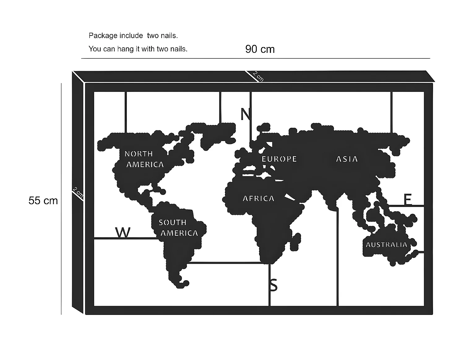 Décoration en Métal Carte du Monde, Noir, 90x2x55 cm, EPIKASA