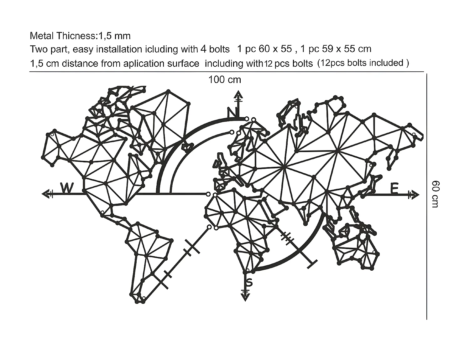 Décoration en Métal Carte du Monde 3, Noir, 100x1,5x60 cm, EPIKASA