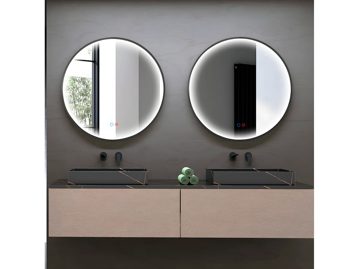 Miroir Salle de Bains Lumineux NÉPAL Anti-Buée et Éclairage Périmétral Triled Tactile On/Off Ø70 Noir Mat LEDIMEX by SANIZÉO