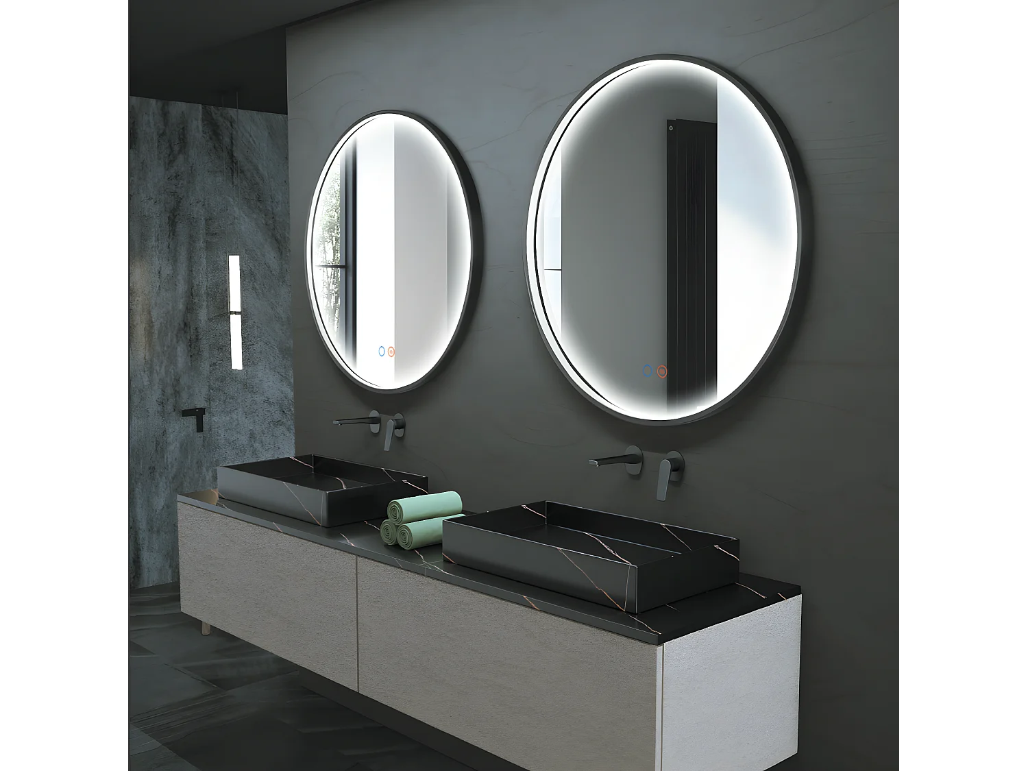 Miroir Salle de Bains Lumineux NÉPAL Anti-Buée et Éclairage Périmétral Triled Tactile On/Off Ø70 Noir Mat LEDIMEX by SANIZÉO