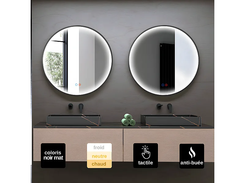 Miroir Salle de Bains Lumineux NÉPAL Anti-Buée et Éclairage Périmétral Triled Tactile On/Off Ø70 Noir Mat LEDIMEX by SANIZÉO