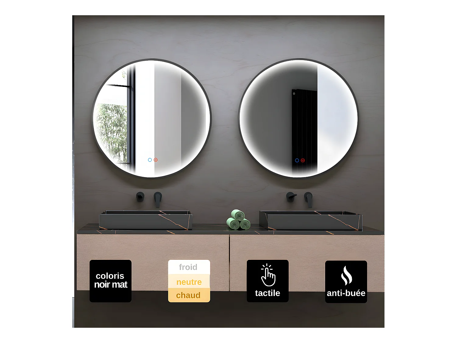 Miroir Salle de Bains Lumineux NÉPAL Anti-Buée et Éclairage Périmétral Triled Tactile On/Off Ø100 Noir Mat LEDIMEX by SANIZÉO