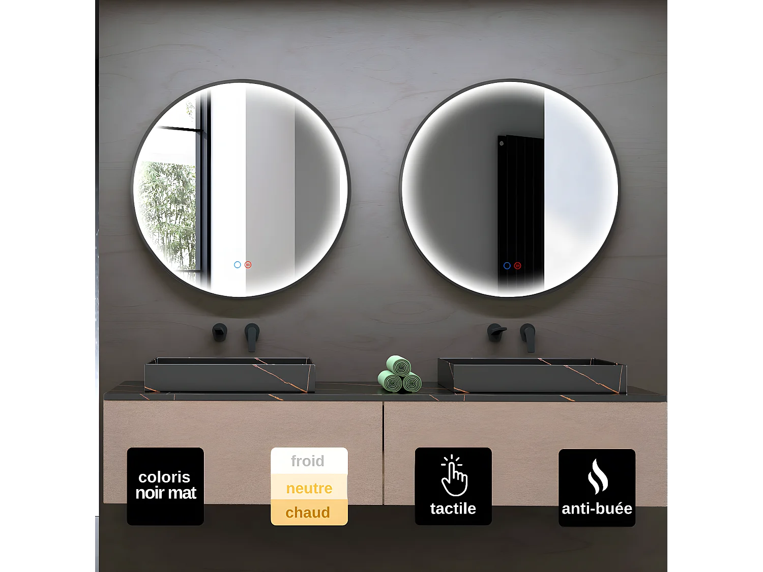 Miroir Salle de Bains Lumineux NÉPAL Anti-Buée et Éclairage Périmétral Triled Tactile On/Off Ø100 Noir Mat LEDIMEX by SANIZÉO