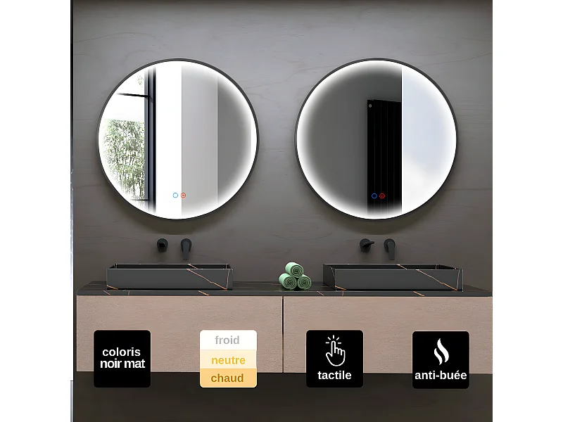Miroir Salle de Bains Lumineux NÉPAL Anti-Buée et Éclairage Périmétral Triled Tactile On/Off Ø60 Noir Mat LEDIMEX by SANIZÉO
