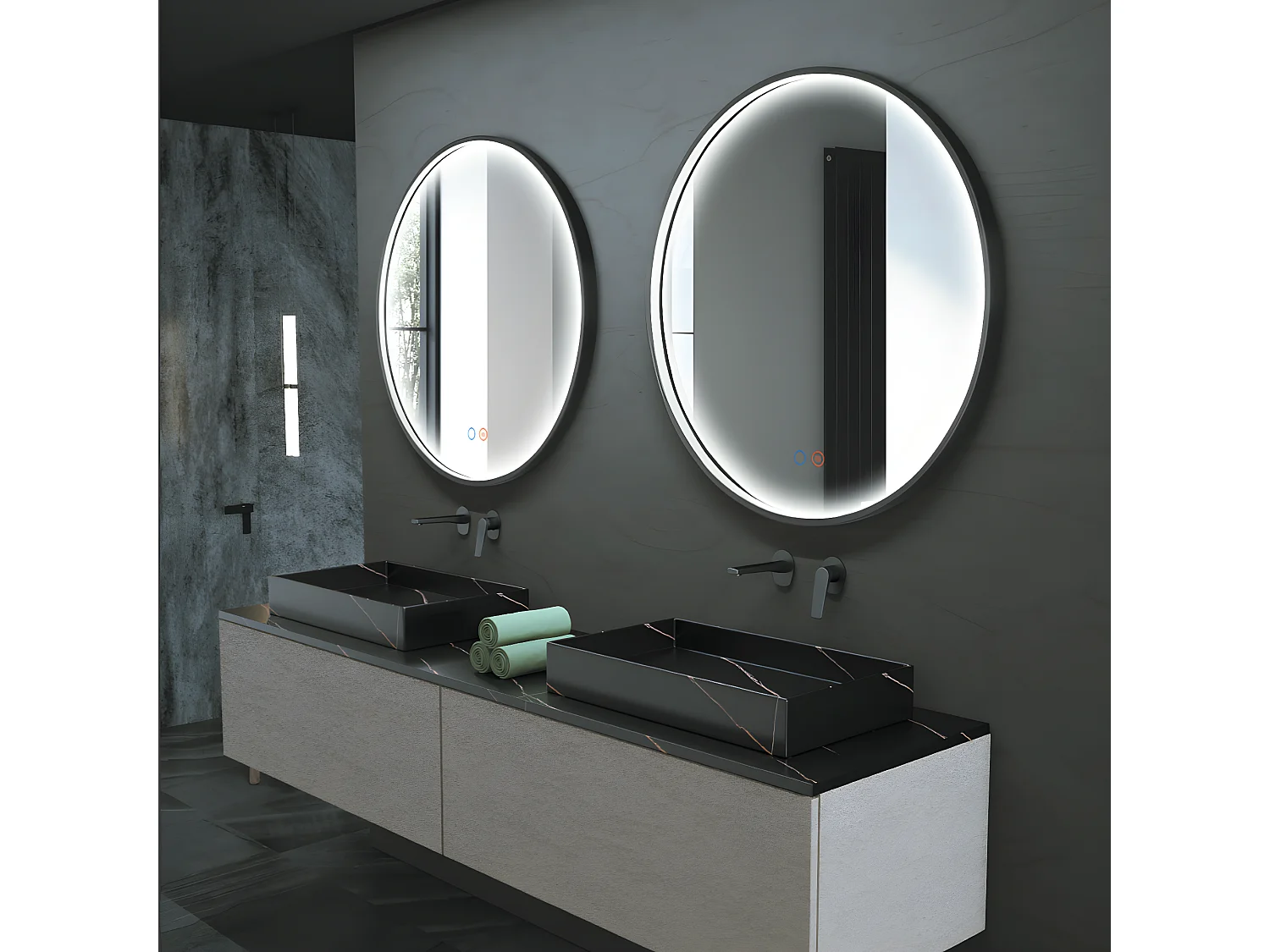 Miroir Salle de Bains Lumineux NÉPAL Anti-Buée et Éclairage Périmétral Triled Tactile On/Off Ø60 Noir Mat LEDIMEX by SANIZÉO