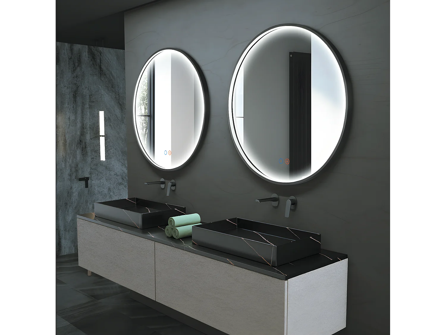 Miroir Salle de Bains Lumineux NÉPAL Anti-Buée et Éclairage Périmétral Triled Tactile On/Off Ø60 Noir Mat LEDIMEX by SANIZÉO