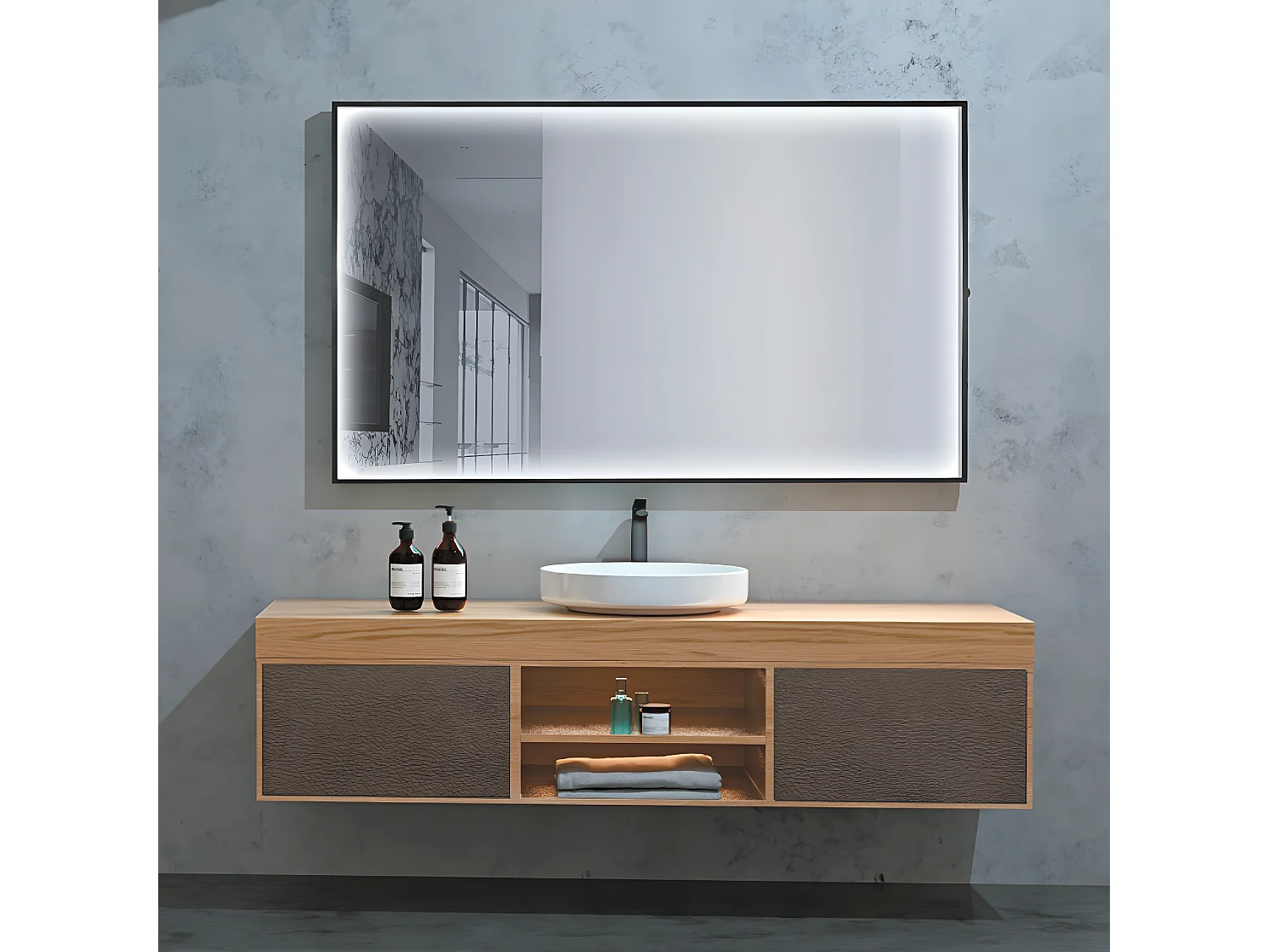 Miroir Salle de Bains Lumineux ABILITY Anti-Buée et Éclairage Périmétral Triled par Détecteur de Mouvement 80x80cm Noir Mat LEDIMEX by SANIZÉO