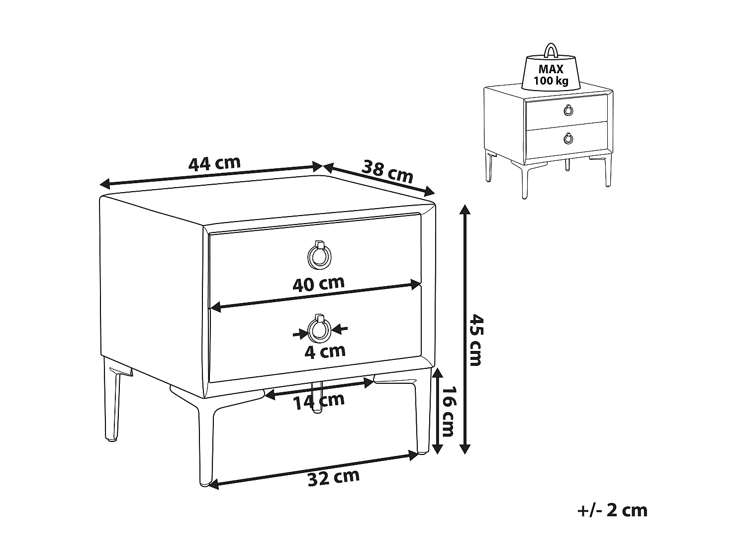 Table de nuit à 2 tiroirs SEZANNE Velours Taupe