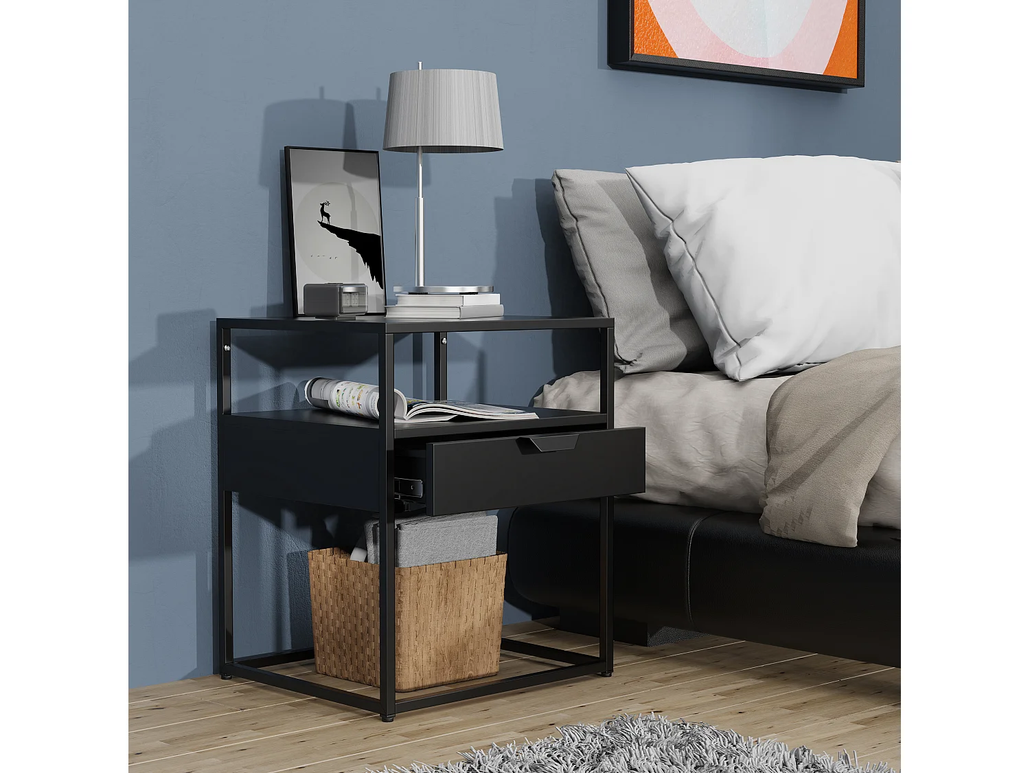 bedside table Flokas Black H. 55 x W. 45 x D. 40 cm