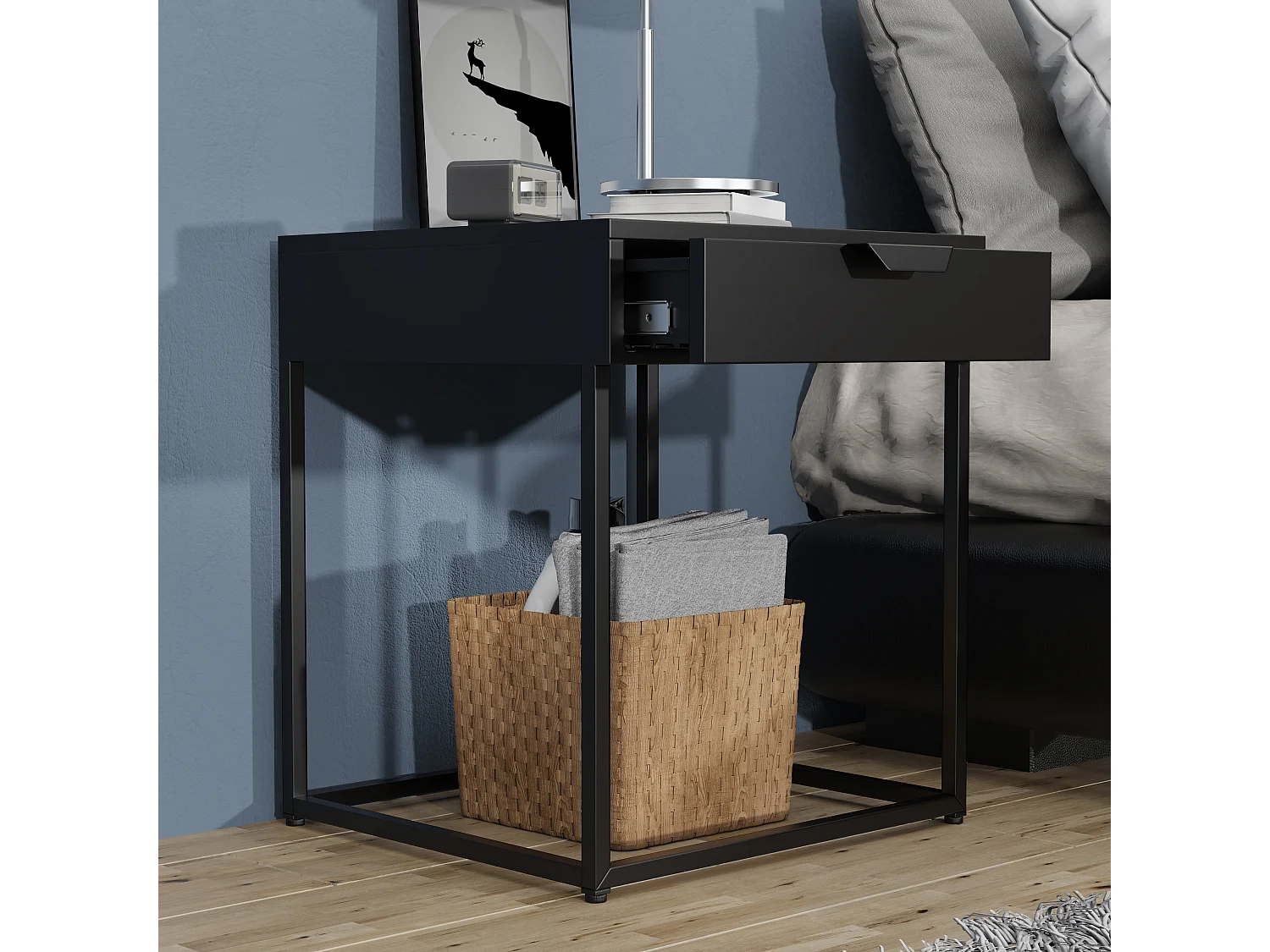 bedside table Flokas Black H. 50 x W. 43 x D. 41 cm