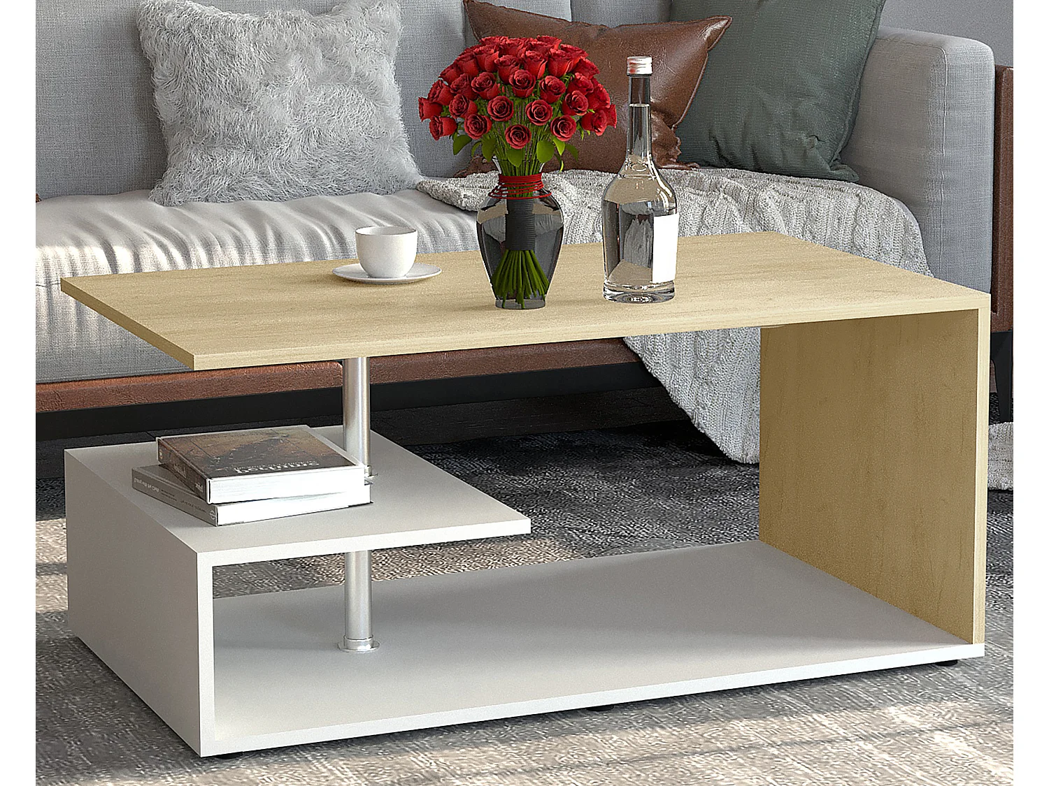 Side table & coffee table Maliso White / Honey oak H. 42 x W. 91 x D. 53 cm