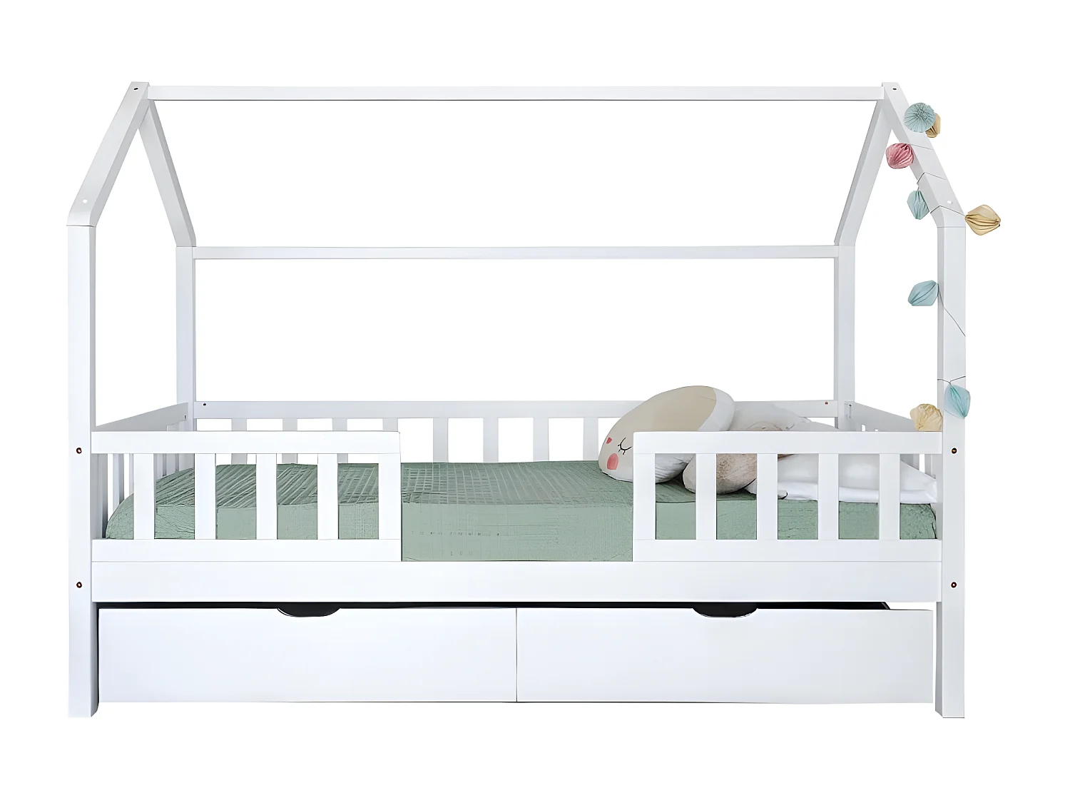 Cama casita con barandilla + cama elevable madera blanco 90x190cm