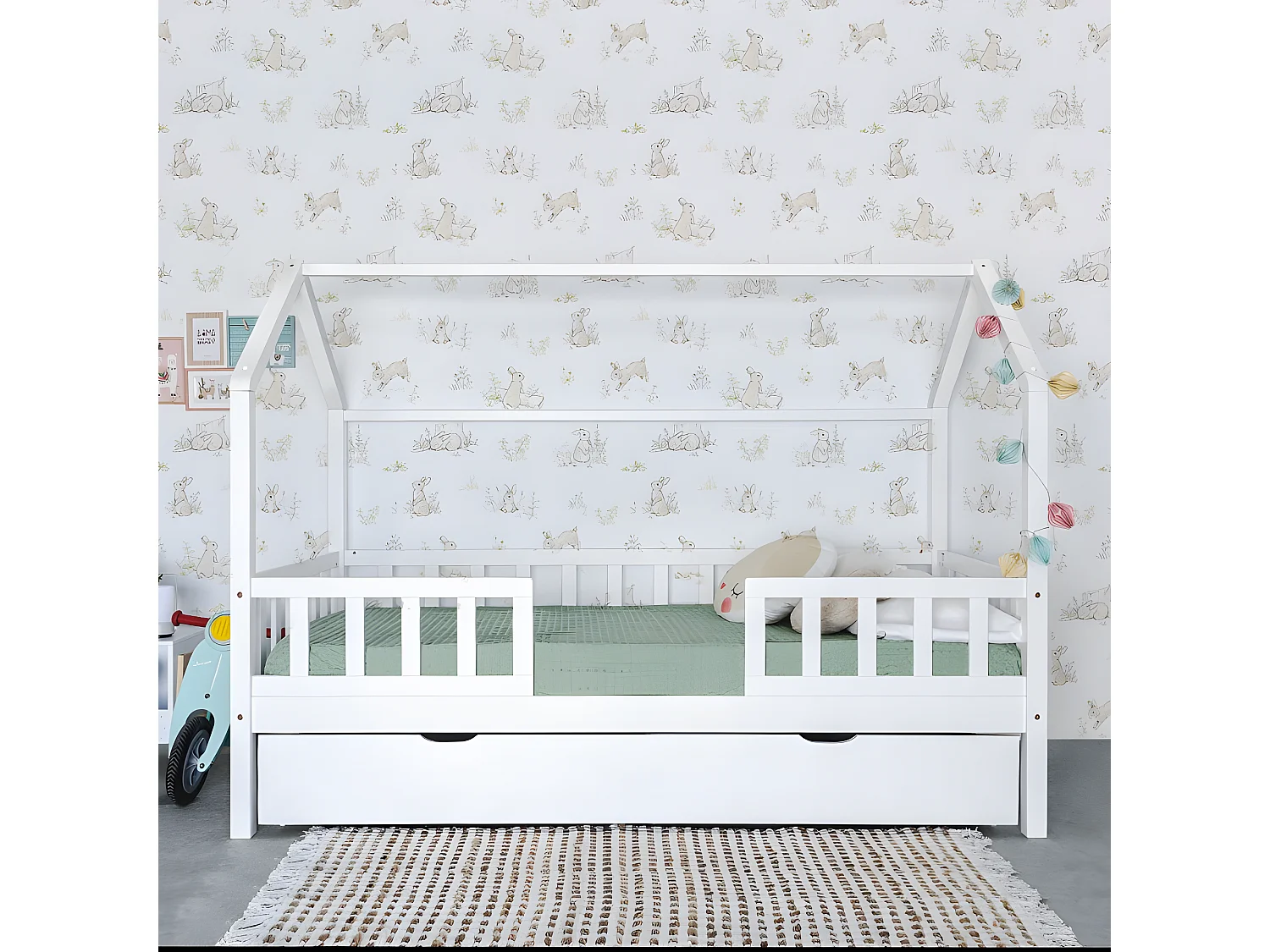 Cama casita con barandilla + cama elevable madera blanco 90x190cm