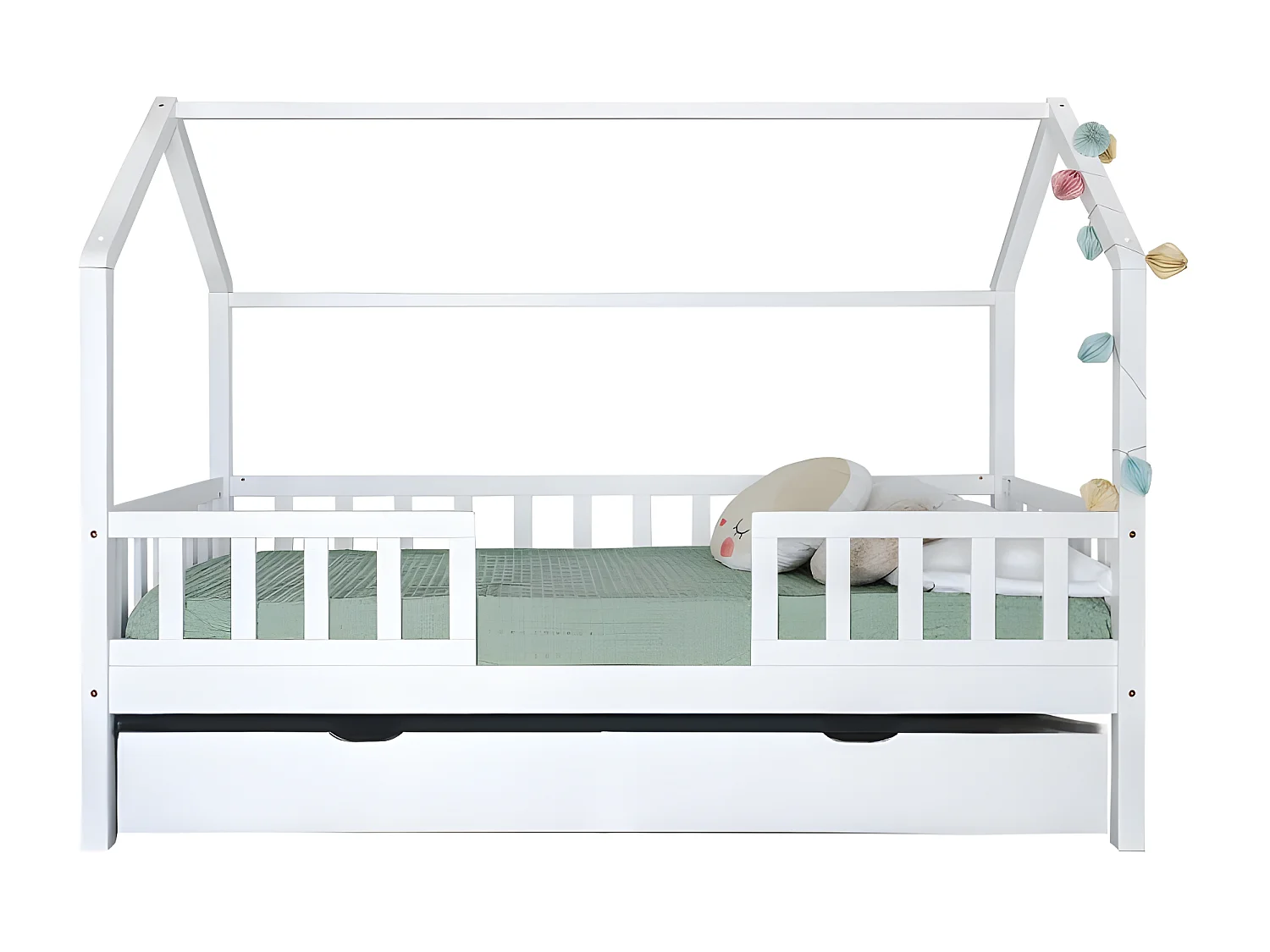 Cama casita con barandilla + cama elevable madera blanco 90x190cm