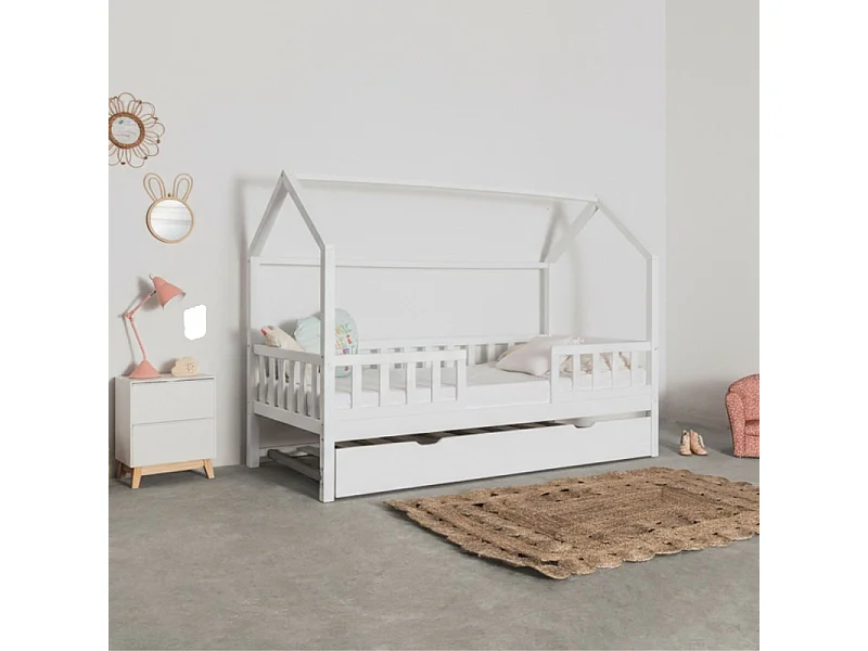 Cama casinha com grade + cama elevável de madeira branca 90x190cm