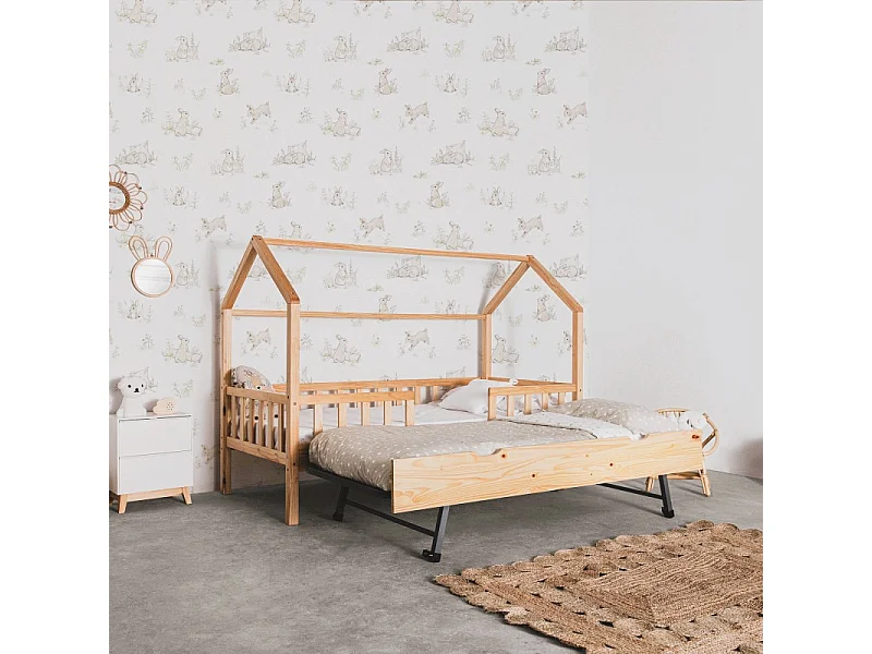 Huisbed met bedhekje + uitschuifbed van grenenhout 90x190cm
