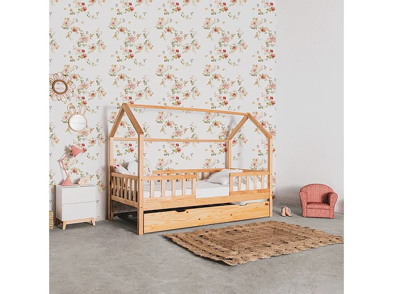 Lit cabane avec barrièrre + lit pieds pliants bois pin 90x190cm