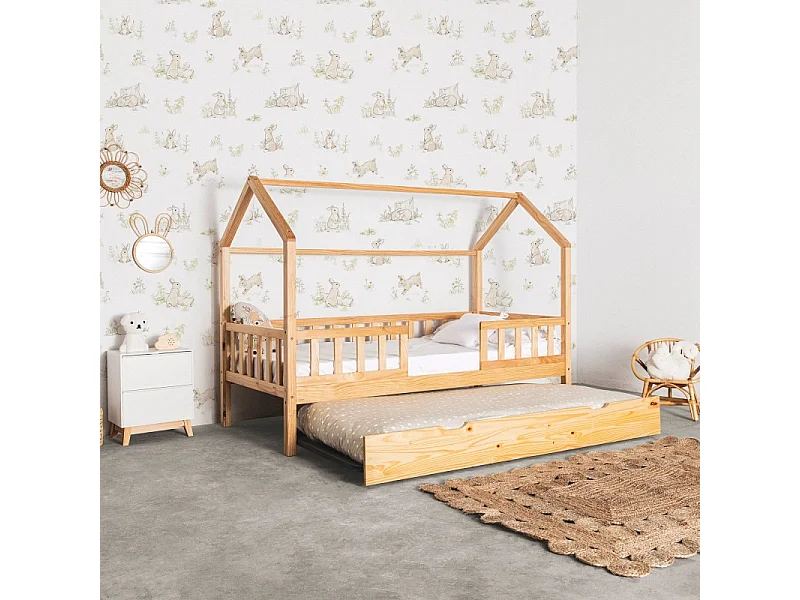 Lit cabane avec barrièrre + lit pieds pliants bois pin 90x190cm