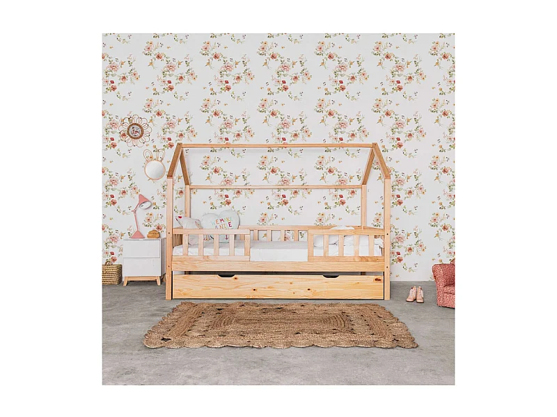 Lit cabane avec barrièrre + lit pieds pliants bois pin 90x190cm