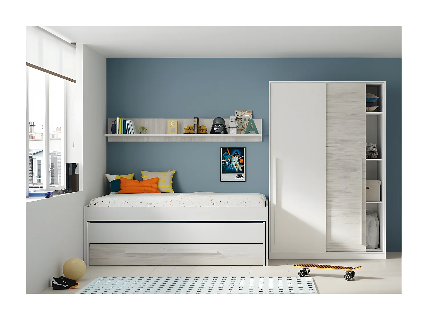 Bett und Regal + Lattenrost und Matratzen weiß 65x199x96cm