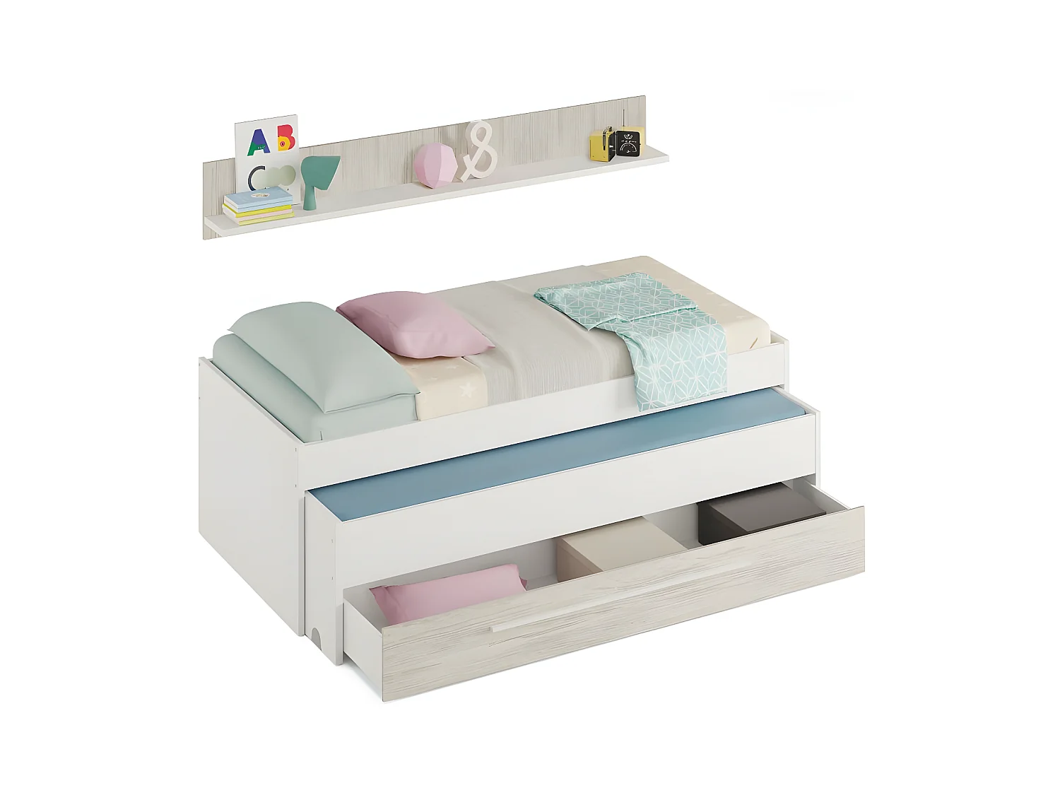 Cama y estante aglomerado blanco + somieres y colchones 65x199x96cm