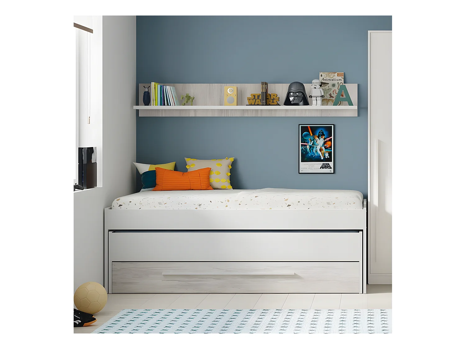 Cama y estante aglomerado blanco + somieres y colchones 65x199x96cm