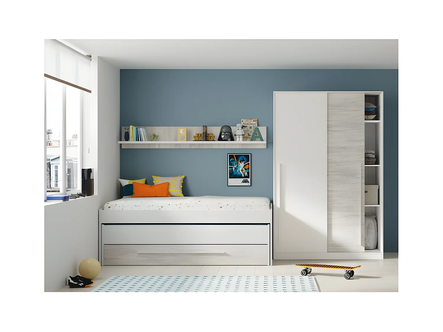 Cama y estante aglomerado blanco + somieres y colchones 65x199x96cm