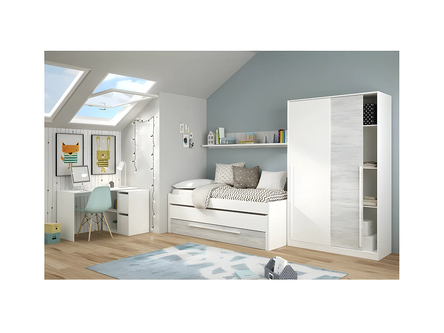 Cama y estante aglomerado blanco + somieres y colchones 65x199x96cm